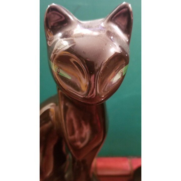 Vintage MCM Ceramic Sitting Black Cat Figurines Hand Painted Green Eyes 8" High - Picture 3 of 5